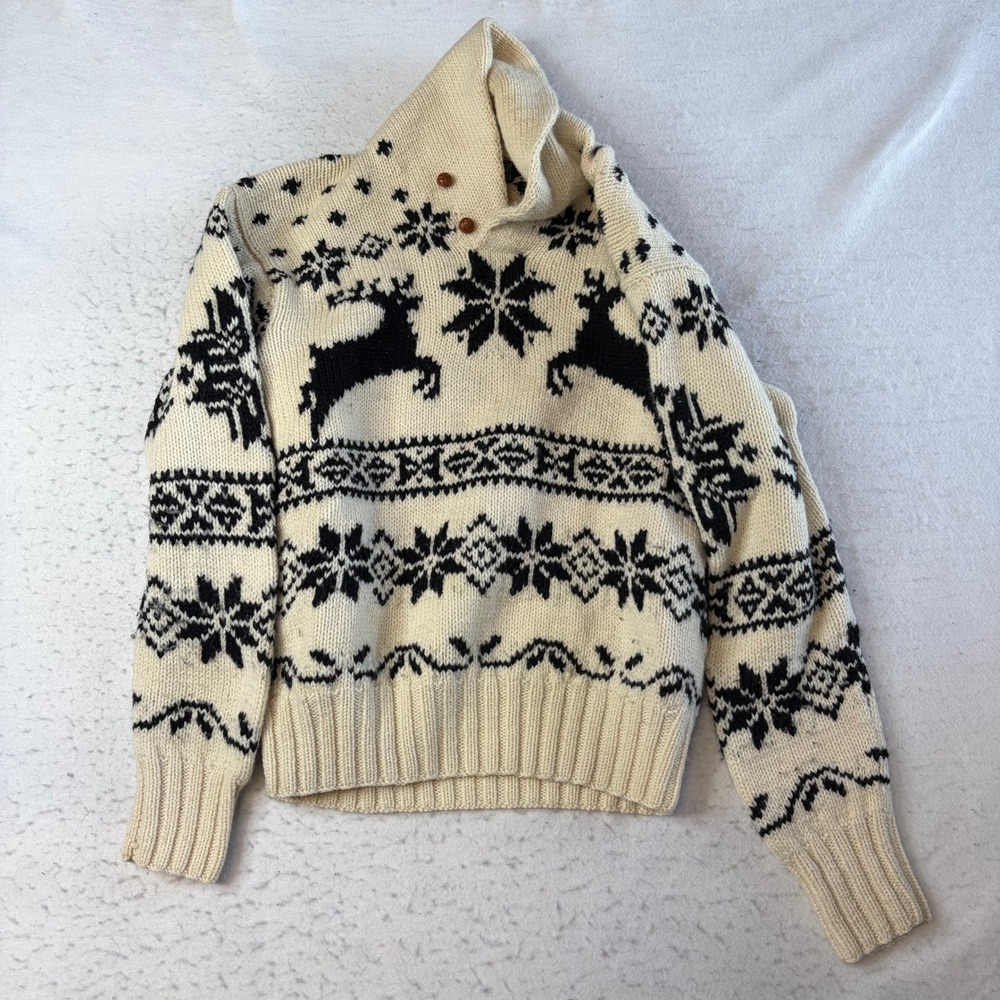 Vintage Reindeer Shawl Collar Sweater Unisex Medium Ivory Black Fair‎ Isle Knit